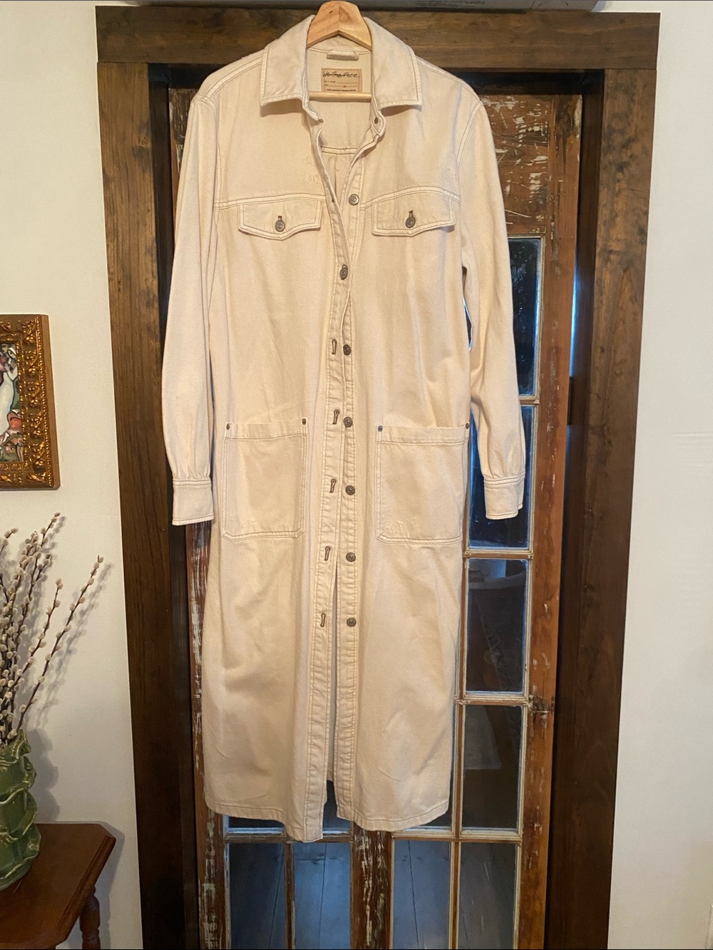 Free People Light Cream Long Button-Front Utility Coat